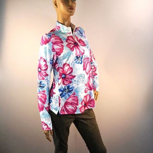 SanSoleil SolCool Print Polo Sunshirt Garden Party Long Sleeve Zip Front Sz M - Picture 7 of 11